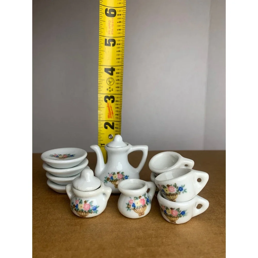 Vintage Cottage Floral Porcelain Miniature Tea Set 13pc. White Ceramic Dollhouse